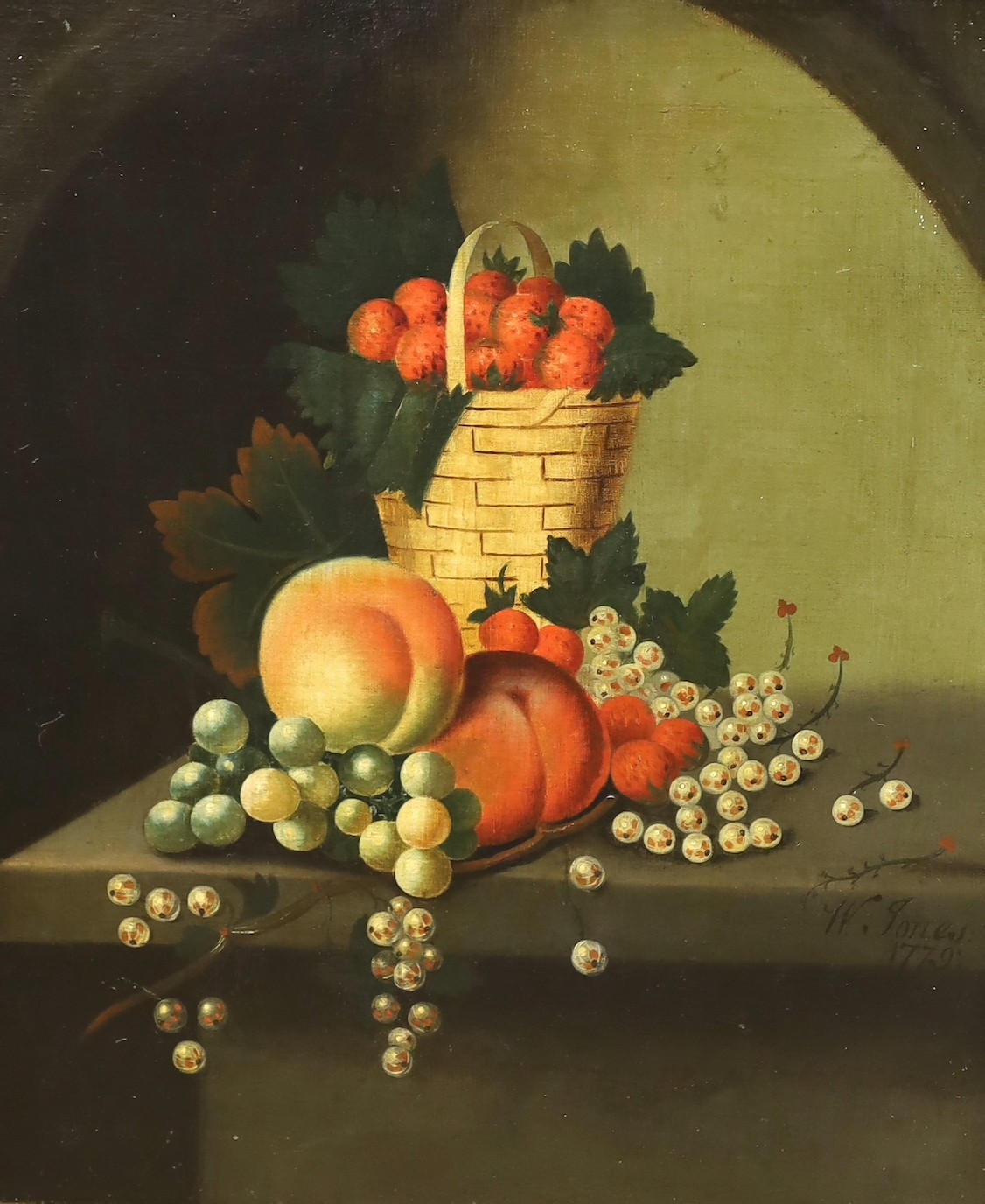 Attributed to William Jones of Bath (fl.1764-1779), oil on canvas laid on board, Still life of fruit and a basket on a ledge, signed and dated 1779, 45 x 38cm